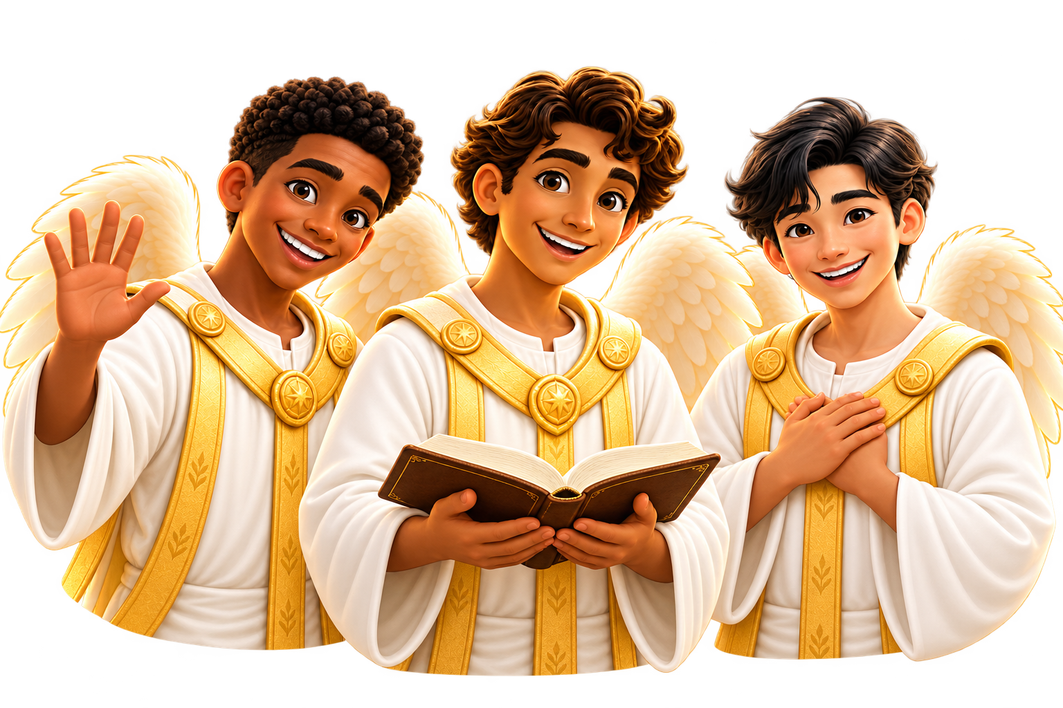 Mike waving, Gabe holding an open Bible and Raph with his hands over his heart