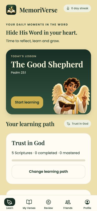 MemoriVerse Learn screen showing The Good Shepherd and the Trust in God learning path