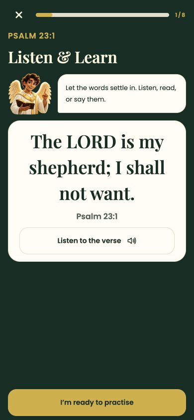 MemoriVerse Listen and Learn lesson for Psalm 23:1, with verse narration and practice controls